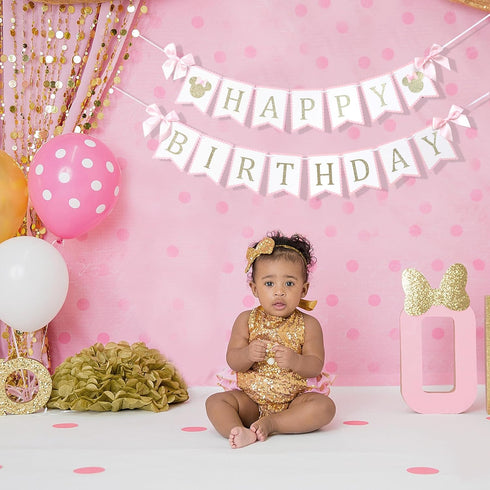 Minnie Happy Birthday Decorations - Minnie 1st/First Birthday Banner,Mouse Pink And Gold Birthday Banner,Mouse Birthday Party Banner...