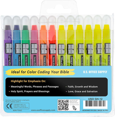 U.S. Office Supply Bible Safe Gel Highlighters, Pack of 12 - Set with 6 Bright Neon Yellow Highlight Colors Plus 6 Colors, Orange, Pink, Purple, G...