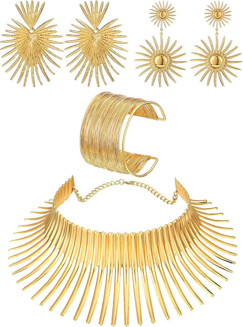 Yinkin 4 Pcs African Choker Necklace Earrings Bangle Set Statement Tooth Shape African Jewelry Sets for Women Tribal Jewelry(Gold)...
