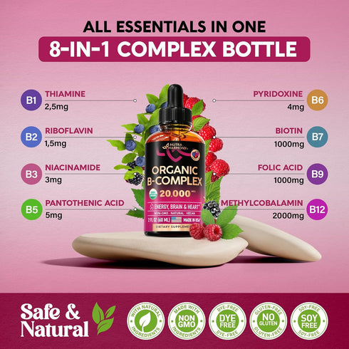USDA Organic Vitamin B-Complex B5 Pantothenic Acid | B12 Methylcobalamin | B1 Thiamine | B6 Pyridoxine | B7 Biotin | B9 Folic | B3 Niacinamide - B...