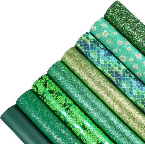 8 Pieces 8x12 Inch Faux Leather Sheets Green Fine Chunky Glitter Metallic Litchi Skin Texture Mermaid Scale Daisy Snake Texture Leather for Bows E...