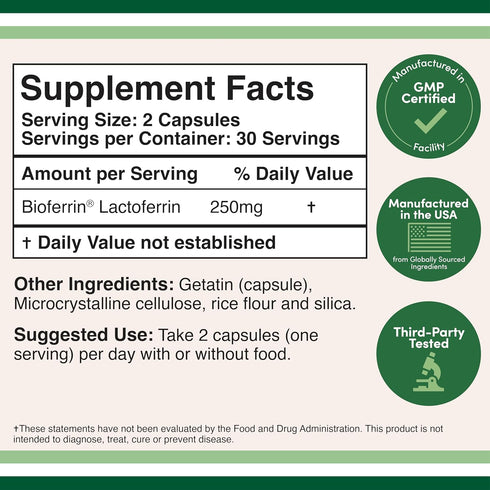 Double Wood Supplements Lactoferrin 250mg per Serving (60 Capsules) Patented Bioferrin Lactoferrin - Superior Iron Supplement for Iron Deficiency ...