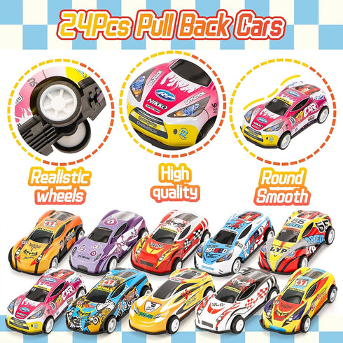 Toy Cars for Kids, 24Pcs Race Cars Pull Back Cars Playsets with Storage Bags,Party Favors Kids Prizes Fillers Bulk Gifts for Boys and Girls Car Ga...