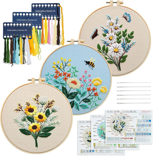 XM-GENYUE 3 Sets Embroidery Starter Kit with Pattern and Instructions, Cross Stitch Kit Include Embroidery Clothes with Floral Bouquet Pattern Col...