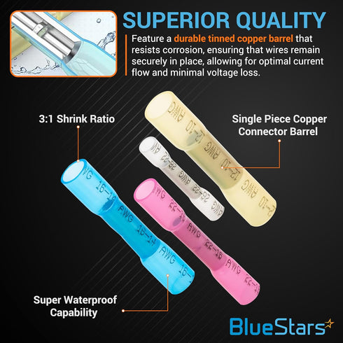 BlueStars 200 PCS Heat Shrink Butt Wire Connectors, Marine Grade Waterproof Electrical Connector Kit, Tinned Copper Terminal Insulated Electrical ...