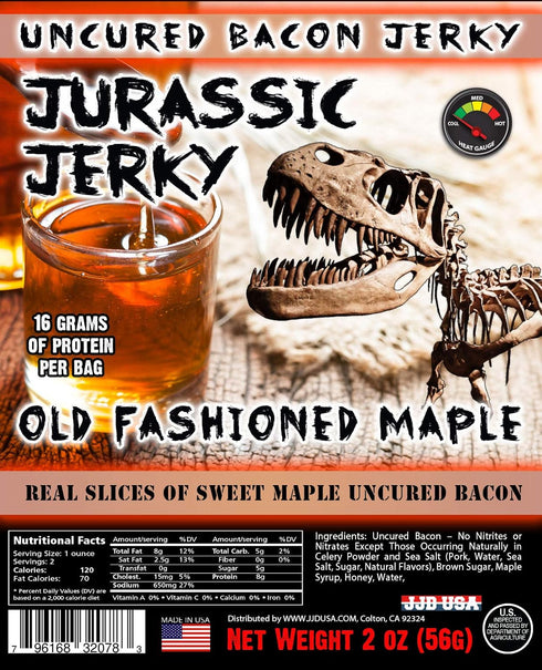 Jurassic Jerky’s Old-Fashioned Maple Jerky – Bacon Jerky Amazing Taste with high protein content, no preservatives, MSG-free, low sodium - (1) 2 o...