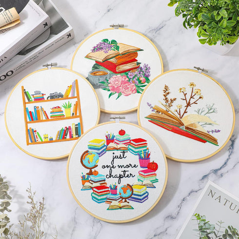 Unittype 4 Set Embroidery Kit for Adults Book Lovers, DIY Cross Stitch Kit with Bamboo Hoops, Needles, Threads, Instructions...