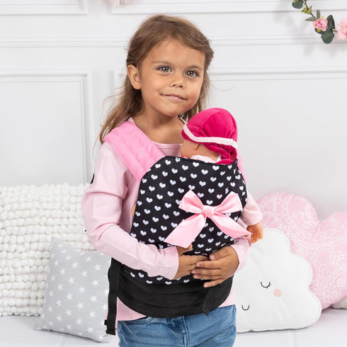 Bayer Design Dolls: Carrier - Black, Pink, Hearts - Accessory for Carrying Dolls Up to 18", Adjustable Shoulder Straps, Seat Belt, Kids Toy, Ages ...