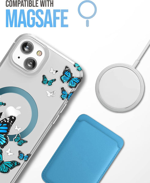 ENCASED Magnetic Case Designed for iPhone 14 with Screen Protector - Compatible with MagSafe Phone Accessories (Blue Butterfly)...