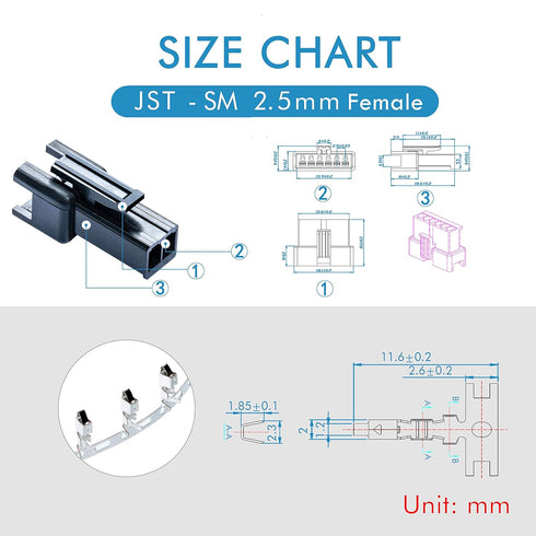JST SM 2.5 mm Pitch 2-Pin JST Connector IC Male Plugs, Female Sockets Housing and Male/Female T-Shaped Crimp Terminal Connector. 50 Sets/300 Piece...