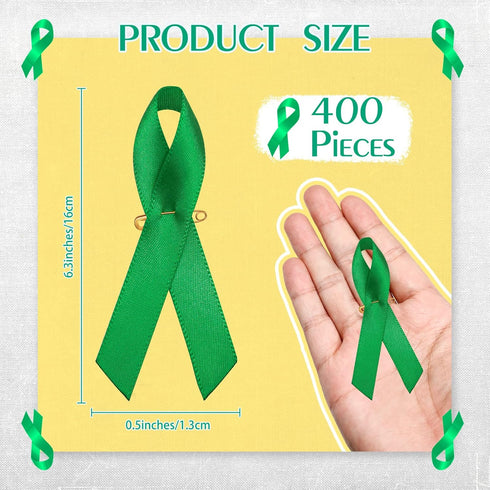 400 Pieces Mental Health Awareness Ribbon Green Satin Ribbon Lapel Pins Fabric Ribbons with Safety Pins for Women Men...