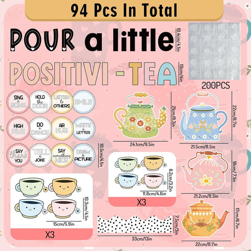94Pcs Positivi-Tea Bulletin Board Set Motivational Paper Cutouts with 200Pcs Glue Points Kettle Teacup Bulletin Border Stickers for Classroom Offi...