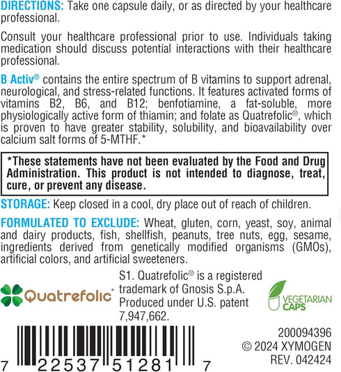 XYMOGEN Vitamin B Complex - B Activ - Activated B Vitamins with Benfotiamine and Quatrefolic - Support Adrenal and Immune Function + A Healthy Car...
