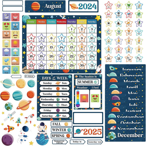 122pcs Cartoon Space Classroom Calendar Bulletin Board Set with Seasons Weather Festival I Feel Days of The Week for Classroom Back to School Deco...