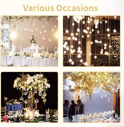 NUPTIO Hanging Glass Globe with Candles: Set of 12 Tealight Candle Holders with LED Tea Lights - 2.36 inch Bulk Clear Votive Candleholders for Par...