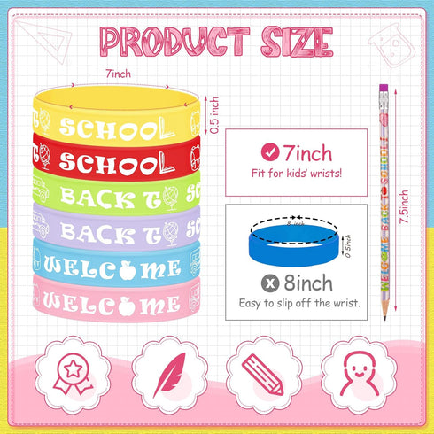 Sabary 48 Pcs Welcome Back to School Pencils Rubber Bracelets Back to School Supplies Set School Party Favors First Day of School Gifts for Kids K...