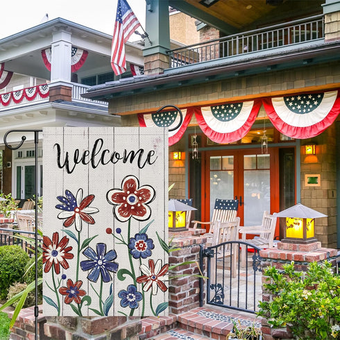Welcome 4th of July Garden Flag 12x18 Inch Double Sided, Patriotic Independence Day Flower Yard Flag for Memorial Day Outdoor House Decorations (O...