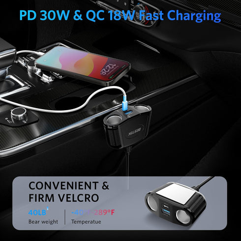 BESTEK Cigarette Lighter Splitter Adapter - 150W Car Charger Adapter with 2-Socket Dual 12v Splitter QC3.0 DC Cigarette Outlet and USB-C PD30W Car...