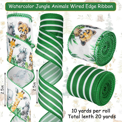 2 Roll Jungle Animal Wired Edge Ribbon 2.5 Inch 20 Yards Safari Animal Ribbon Animal Print Ribbon for Bow Wreath Craft Gift Wrap Party Decor...
