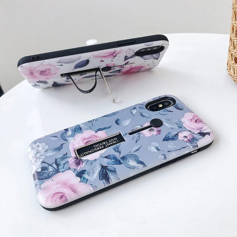 Compatible with iPhone XR Case Finger Grip,3D Embossed Pink Flowers Gray Shell Design,Rugged Shockproof Slim Fit Dual Layer Finger Ring Loop Strap...