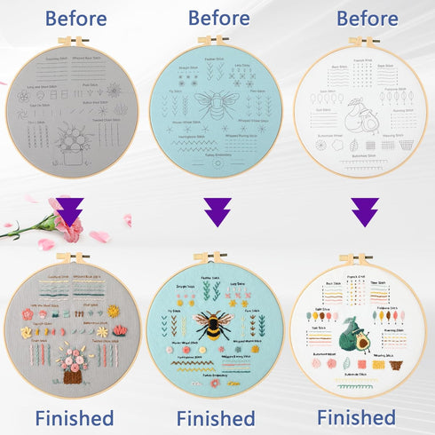 Embroidery Kit for Beginners Adults: 3 Embroidery Kit, Includes Stamped Patterns, Hoop, Needles and Color Threads, Full Range Accessories, Cross S...