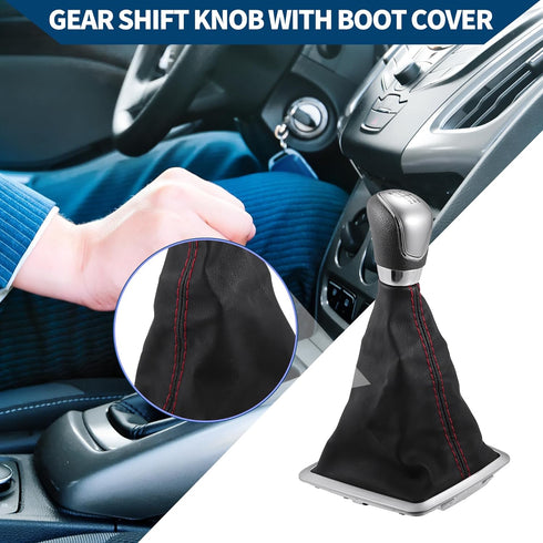 6 Speed Gear Shift Knob with Dust Cover for Ford Focus 2005-2008 / Front Stick Shifter Lever Knob/Durable Plastic / 1 Pcs Black with Red Stitches...