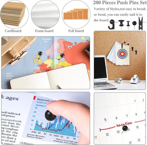 200 Pieces Push Pins Thumb Tacks Black Push Pins for Cork Board, 5 Style for Bulletin Boards Wall Maps Pictures Office Home Supplies...