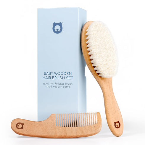 Wooden Baby Hair Brush and Comb Set for Newborns & Toddlers in Chic Gift Box - Ultra Soft Natural Goat Hair and Wood Baby Brush Set - Perfect Regi...