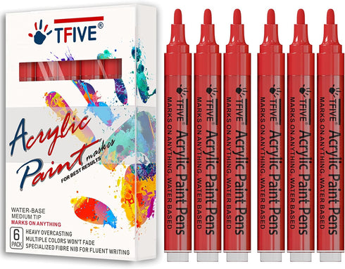 Red Acrylic Paint Marker Pens - 2-3mm Medium Tip, 6 Pack Permanent Red Water Based Paint Pen for DIY Projects, Paintings for Rock, Fabric, Wood, L...