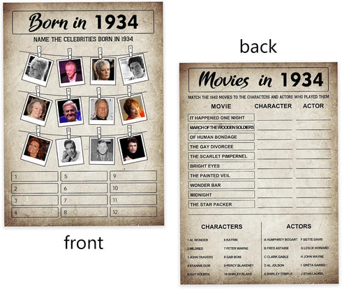 1934 Birthday Game Card Stock - 90th Birthday Party Game - Double-Sided Printed Birthday Card Stock With Answers, Perfect For Birthday Parties And...