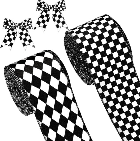 2 Rolls/ 20 Yards Black and White Checkered Ribbons Buffalo Plaid Wired Edge Ribbon Diamond Gingham Valentine's Day Gift Wrapping Ribbon for DIY H...