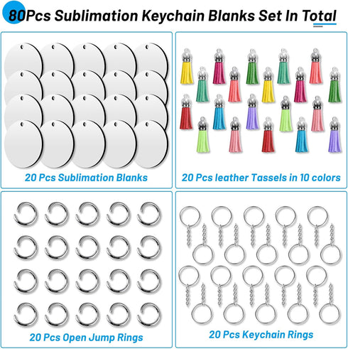Sublimation Blanks Keychains Products, 80 PCS Keychains Tag Bulk with 2 Inch Heat Transfer Double-Side Round Coasters Blanks, Key Chains, Tassels,...