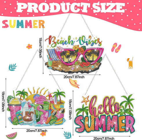Burbell 3 Pcs Summer Diamond Painting Kits Beach Sunglasses Smoothie Diamond Art Hanging Ornament Sign Summer DIY Diamond Painting Art Kits for Su...