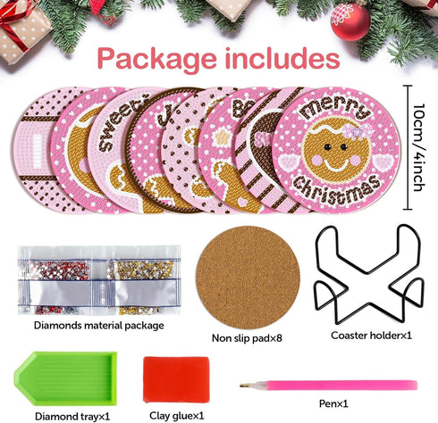 YLOLUL 8 PCS Christmas Diamond Art Coasters Gingerbread Man Diamond Art Coasters Kits with Holder Christmas DIY Coasters for Beginners, Adults, Ki...
