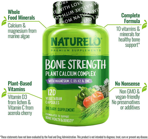 NATURELO Calcium Supplement - Bone Strength with Calcium 600mg, Vitamin D3, K2, C, Magnesium Zinc - Plant-Based, 120 Vegetarian Capsules, Non-GMO,...
