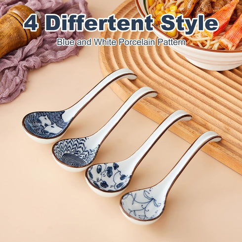 Soup Spoons Set of 4,Asian Soup Spoon Ceramic Ramen Spoons, Japanese Soup Spoon Long Handle Perfect Depth for Dumpling, Pho, Noodles, Miso, Chines...