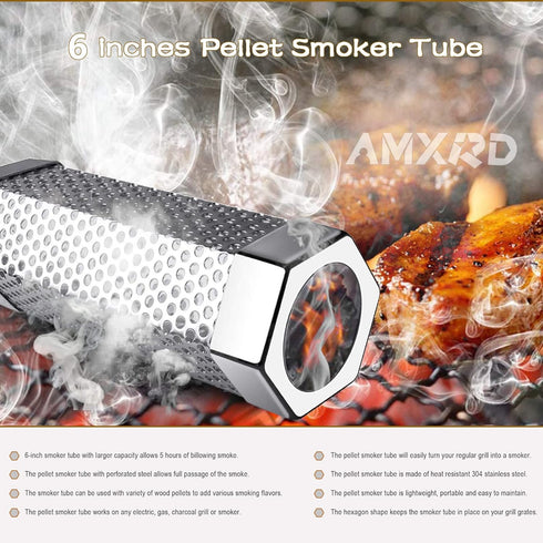 Smoke Tube, Premium 6 inch 304 Stainless Steel BBQ Wood Pellet Smoker Tube with Cleaning Brush for All Grills or Smoker, Dishwasher Safe...
