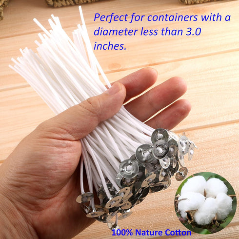 MILIVIXAY 100PCS 8 inch Candle Wicks with 100 Metal Tabs, 100PCS Candle Wick Stickers and 6PCS Wooden Candle Wick Holders - Wicks Coated with Para...
