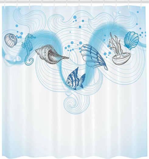 Ambesonne Nautical Shower Curtain, Marine Theme Seashells Ocean Waves Fishes Seahorse Swirls Curves and Bubbles, Cloth Fabric Bathroom Decor Set w...