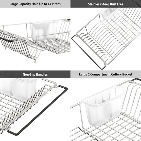 SIMPLE HOUSEWARE Large Over Sink Counter Top Stainless Steel Dish Drainer Drying Rack with Utensil Holder, Chrome...