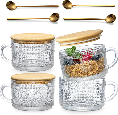 LANDNEOO 4pcs Set Vintage Coffee Mugs gifts for women, Overnight Oats Containers with Bamboo Lids and Spoons - 14oz Clear Embossed Glass Cups, Cut...
