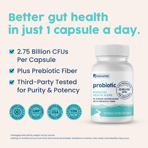 NativePath Daily Probiotic, 10-Strain Custom Blend Probiotics Supplement for Men and Women, 82 Billion CFUs - 30 Count...