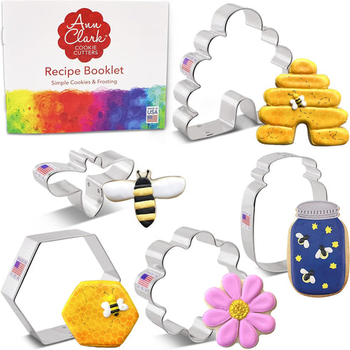 Bee Cookie Cutters 5-Pc. Set Made in the USA by Ann Clark, Bee, Beehive, Small Flower, Honeycomb, Honey Jar...