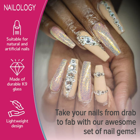 Nail Art Gem Rhinestones by Nailology, Nail Art Supplies, Nail Decoration Jewels for 3D Nail Art, Crystal Diamond Charm Accessories for Acrylic Na...