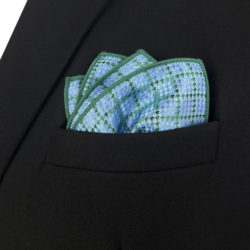 S&W SHLAX&WING Mens Pocket Square Checkered Green Azure Baby Blue Pattern for Suit Jacket Large...