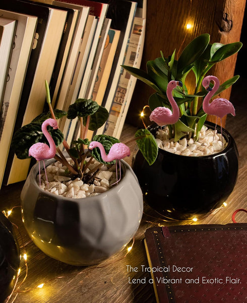 Mini Flamingos Figurines with Stakes - Set of 4 Small Flamingos Garden Gifts for Women Resin for Flower/Plant Pot Decorations - Miniature Fairy Ga...