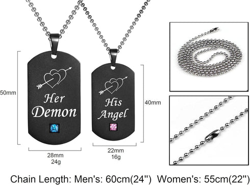 His Angel Her Demon Couple Pendant Necklaces His & Hers Matching Set Titanium Stainless Steel Couple Pendant Necklace Engraved Jewelry Set, Perfec...