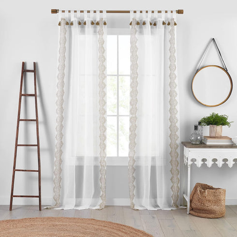 Elrene Home Fashions Shilo Sheer Boho Tab-Top Window Curtain Panel with Tassels, Linen, (52 X 84)...