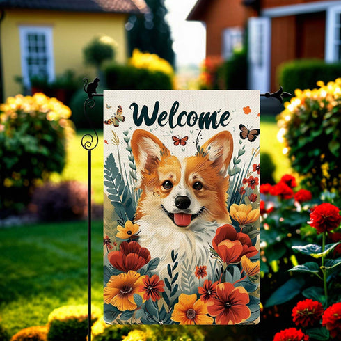 Welcome Cute Happy Corgi Amidst Flowers with Butterflies Illustrative Style Spring Summer Garden Flag Vertical Double Sided Garden Flag Seasonal R...