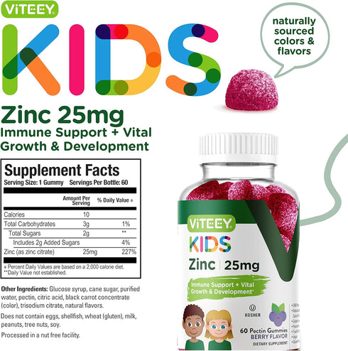 Zinc for Kids Gummies, 25mg - Immune Support for Kids & Teens - Powerful Natural Antioxidant, Kids Zinc Vitamin Supplement - Vegan, Gelatin Free, ...
